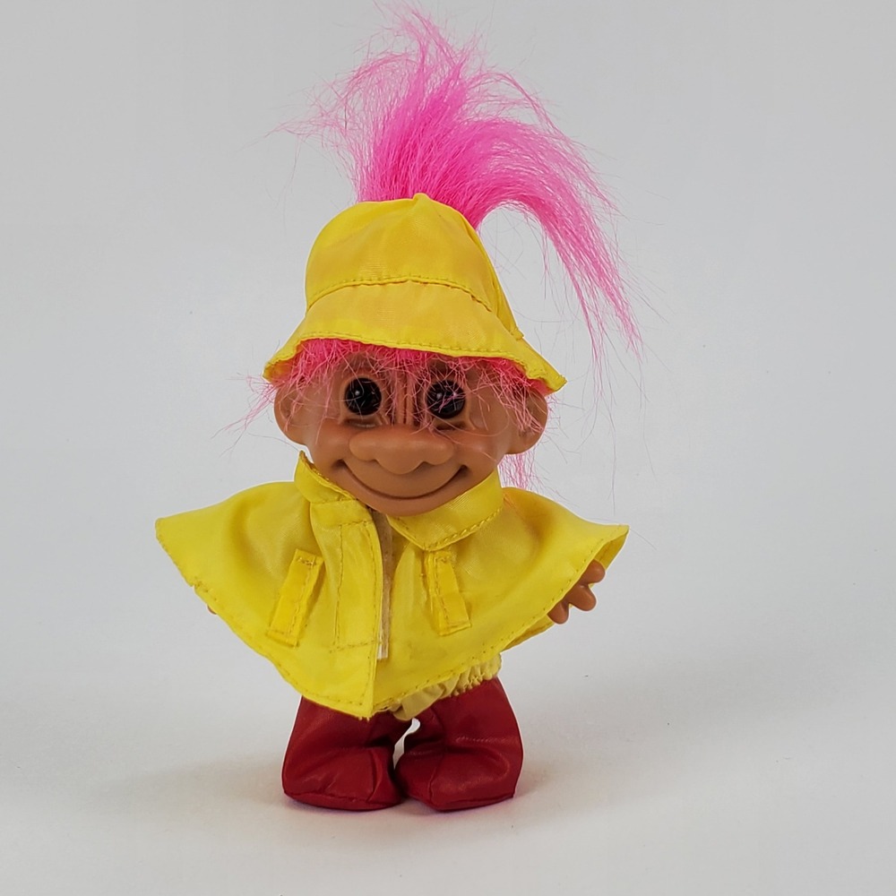 Russ Berrie Vintage Troll Doll Pink Hair Yellow Raincoat Rain Hat Red Boots 5"